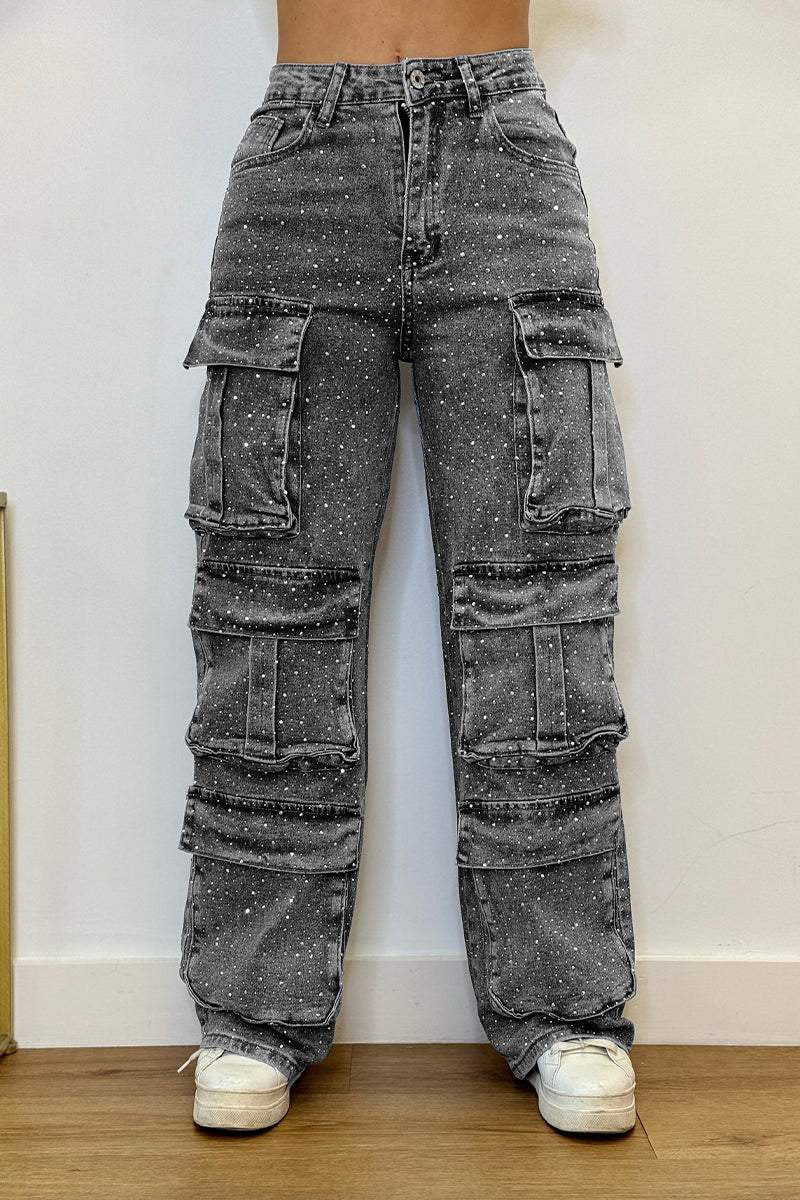 Women's Casual Jeans With Pockets And Diamonds Overalls