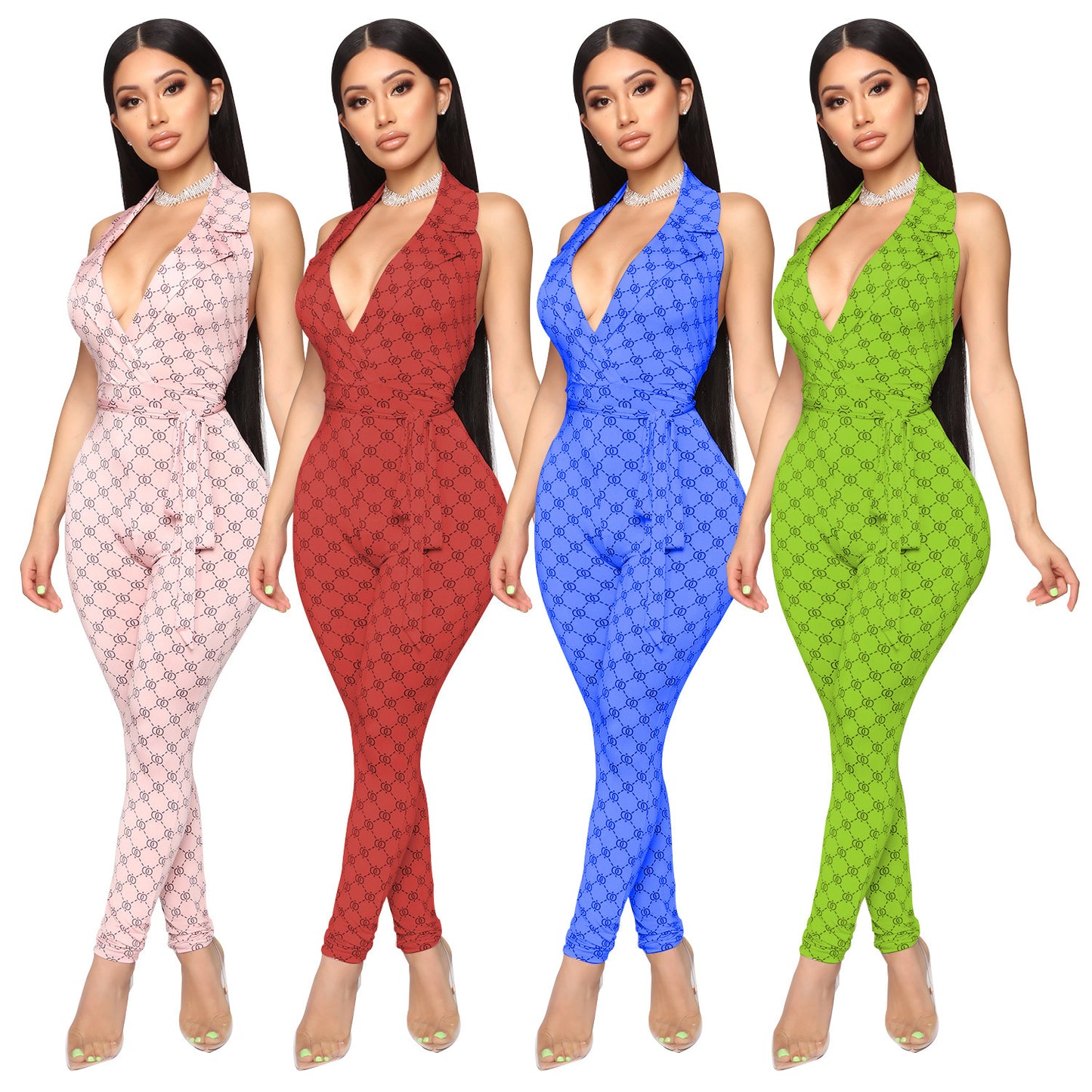 Printed sexy halter jumpsuit women