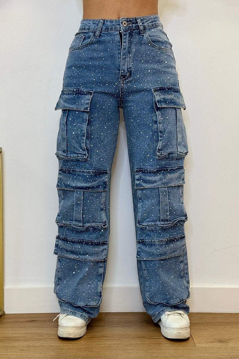 Women's Casual Jeans With Pockets And Diamonds Overalls