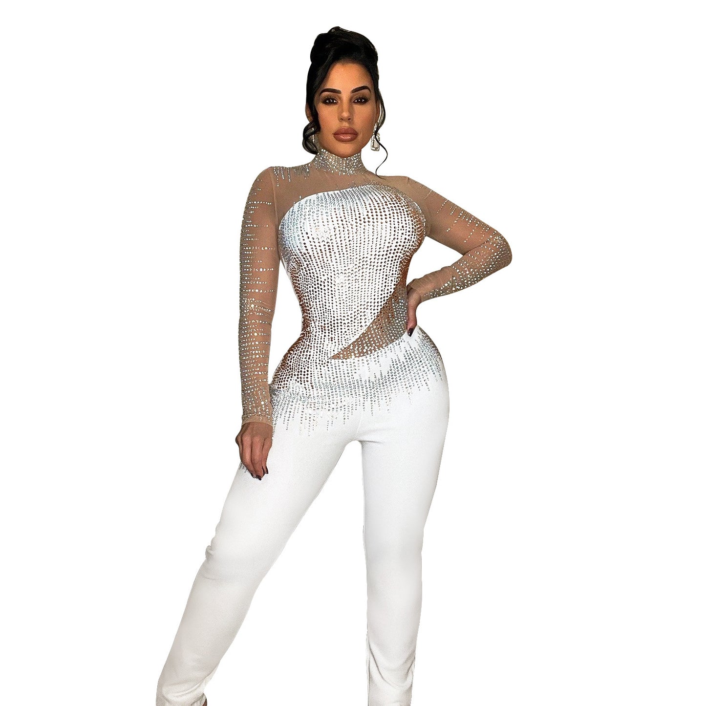 Women's Pure Color Mesh Rhinestone Long-sleeved Trousers Jumpsuit