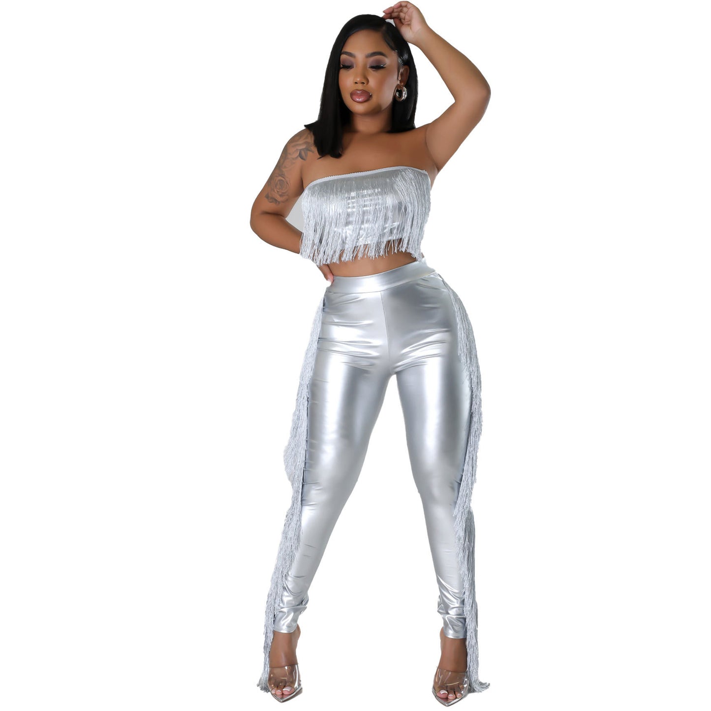 Sexy Bandeau Tassels Slim-fit Trousers Two-piece Set Nightclub Uniforms