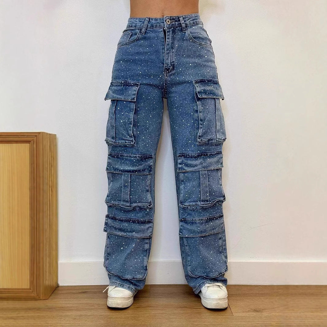 Women's Casual Jeans With Pockets And Diamonds Overalls