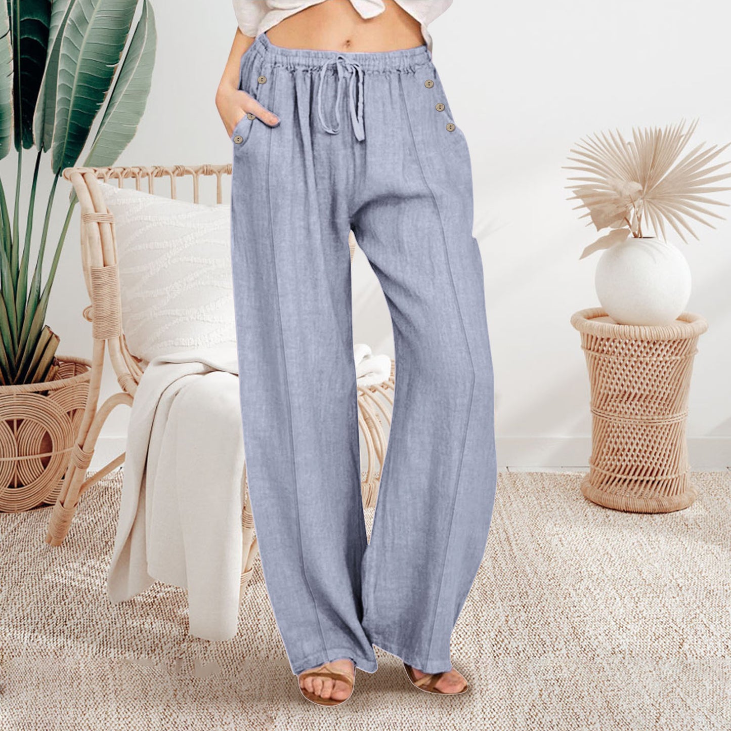 Loose Button Casual Wide-leg Trousers Women