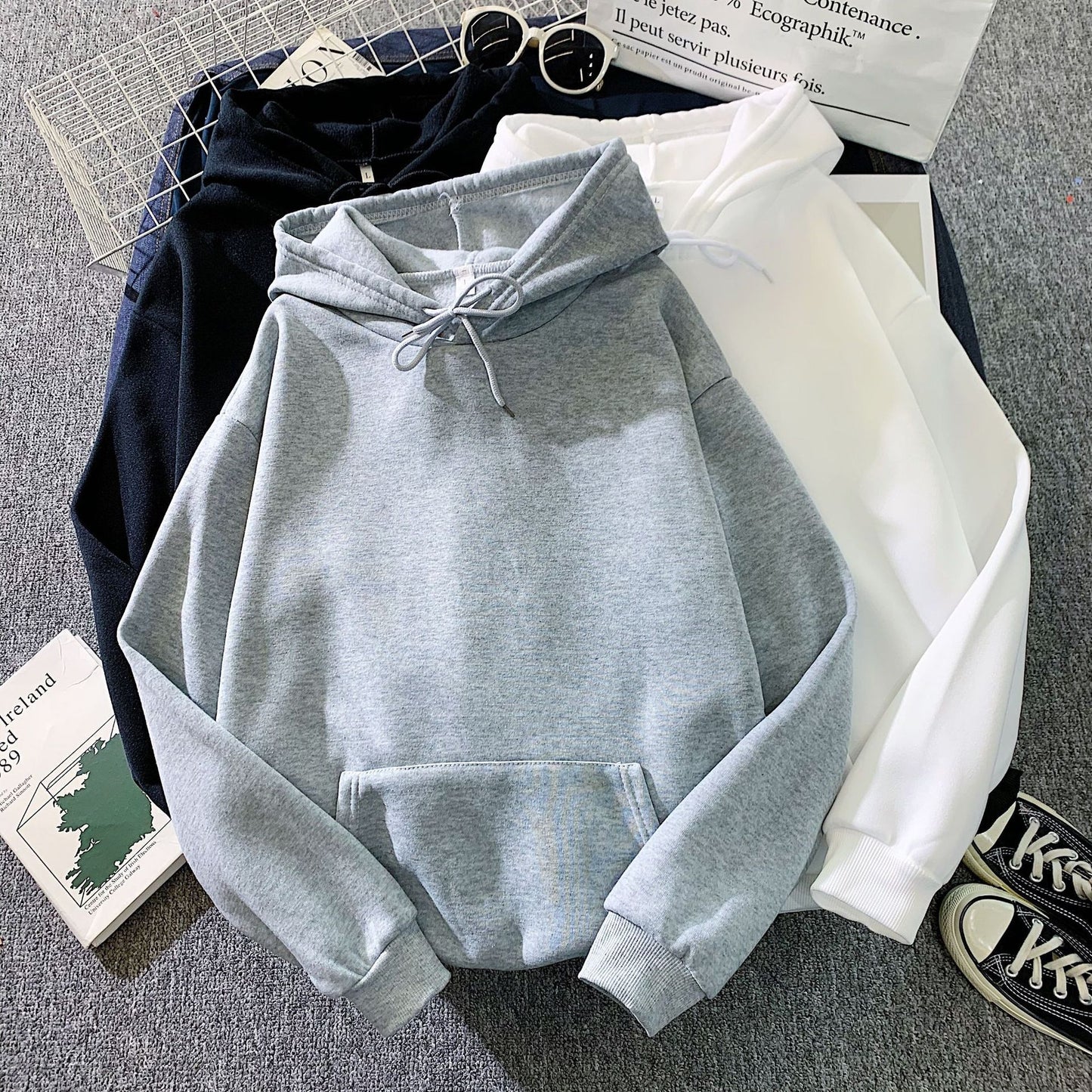 Women's Fall Winter Hooded Loose Solid Color Hoodie