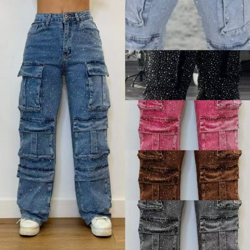 Women's Casual Jeans With Pockets And Diamonds Overalls