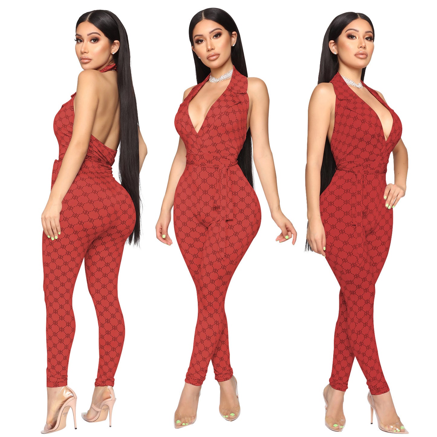 Printed sexy halter jumpsuit women