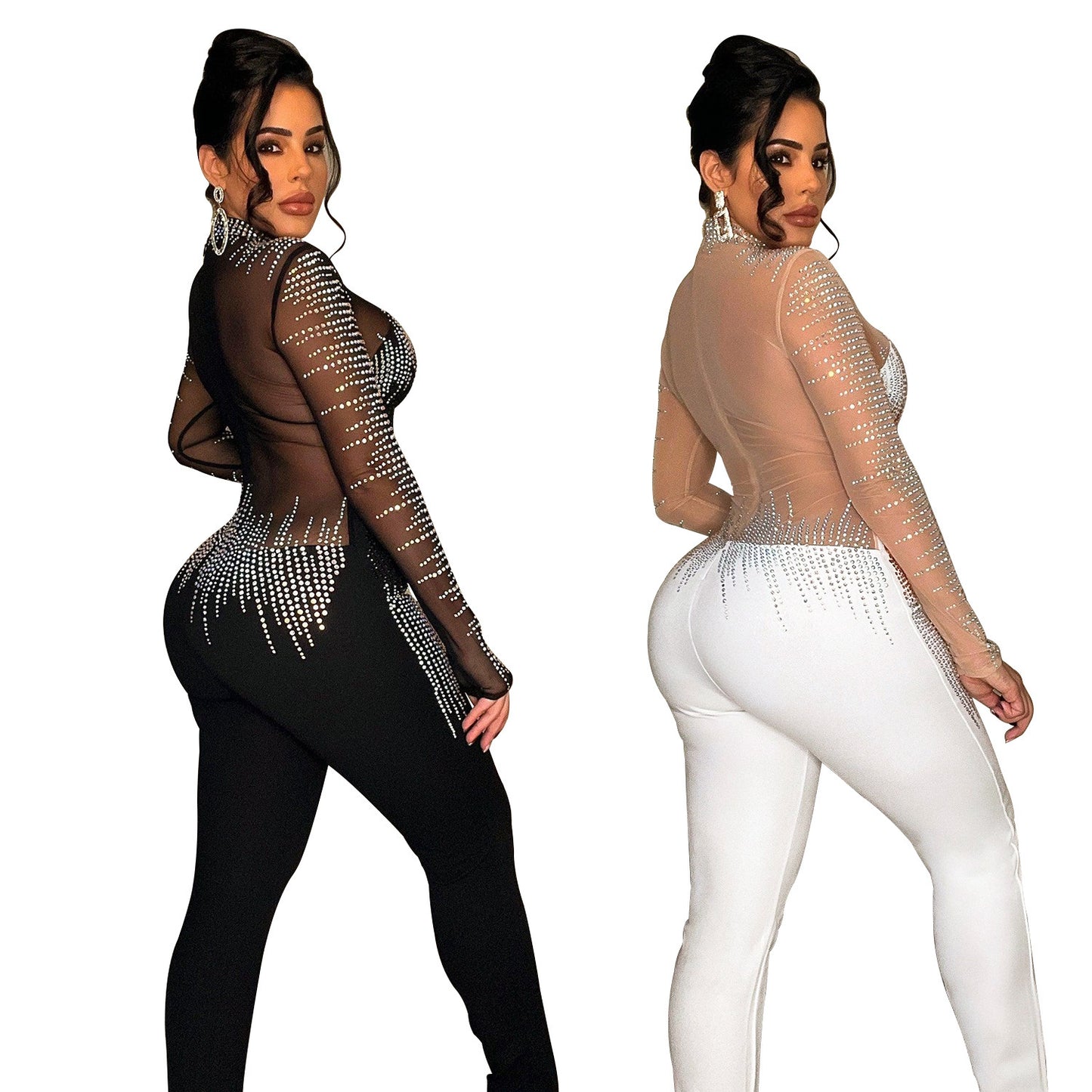 Women's Pure Color Mesh Rhinestone Long-sleeved Trousers Jumpsuit