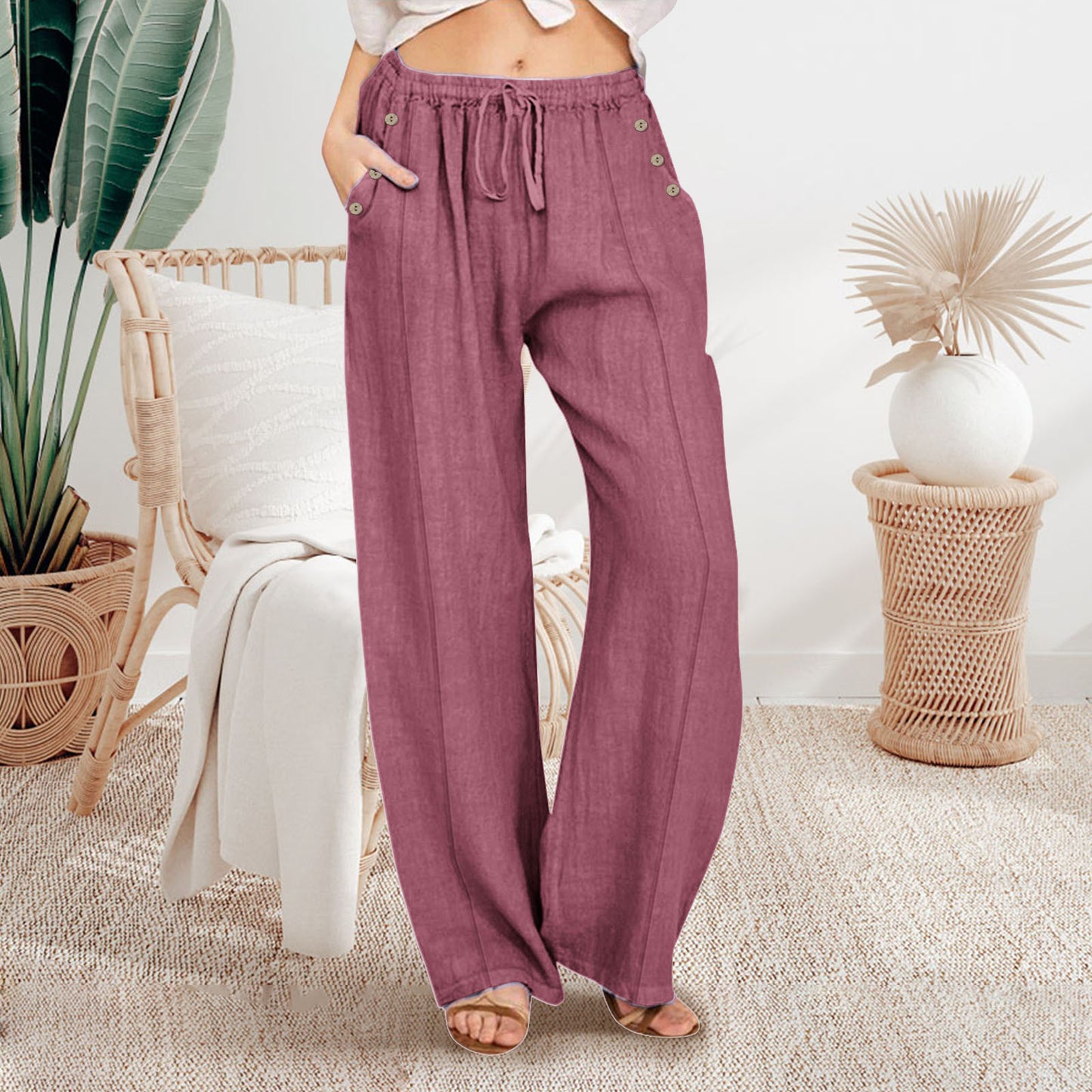 Loose Button Casual Wide-leg Trousers Women