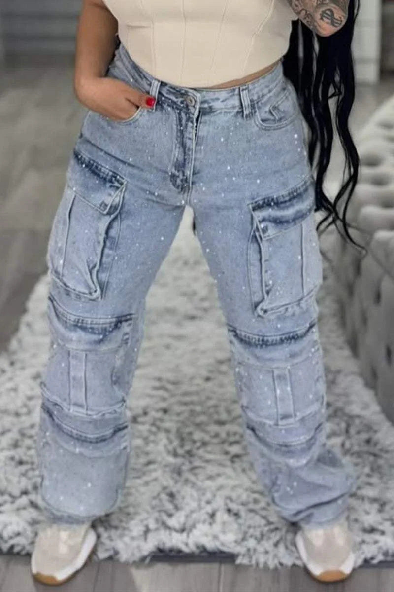 Women's Casual Jeans With Pockets And Diamonds Overalls