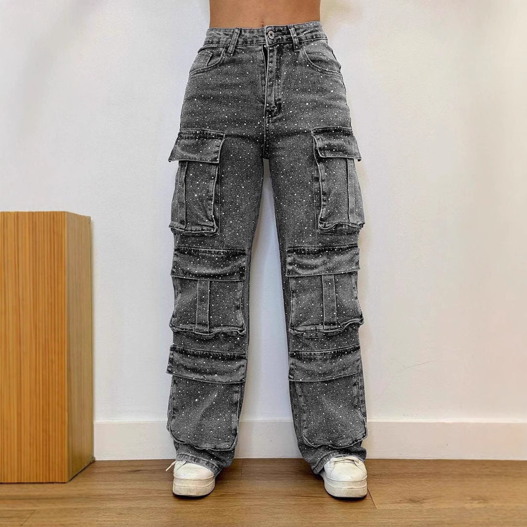 Women's Casual Jeans With Pockets And Diamonds Overalls