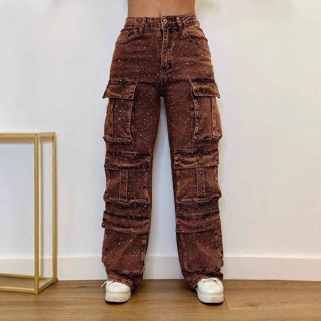 Women's Casual Jeans With Pockets And Diamonds Overalls