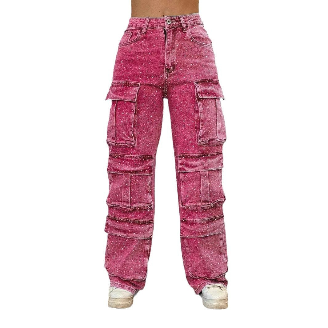 Women's Casual Jeans With Pockets And Diamonds Overalls