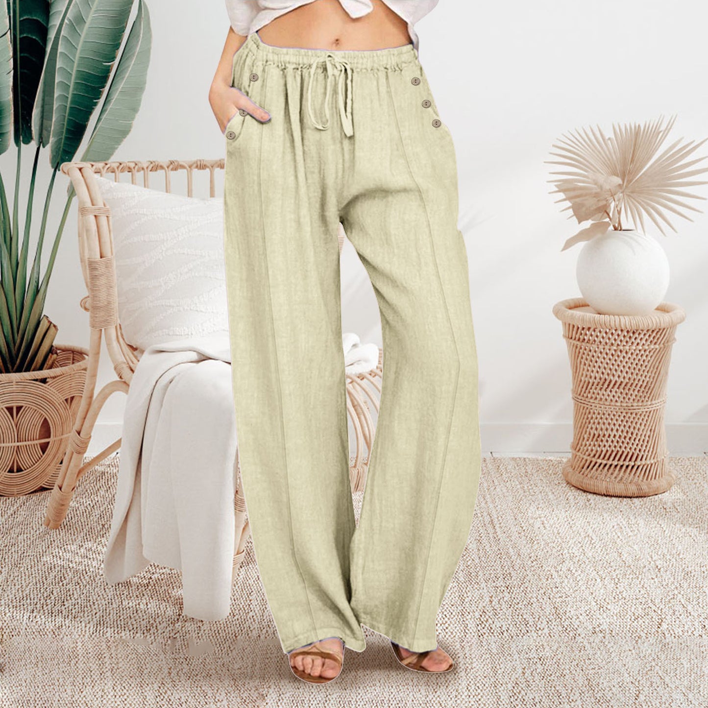 Loose Button Casual Wide-leg Trousers Women