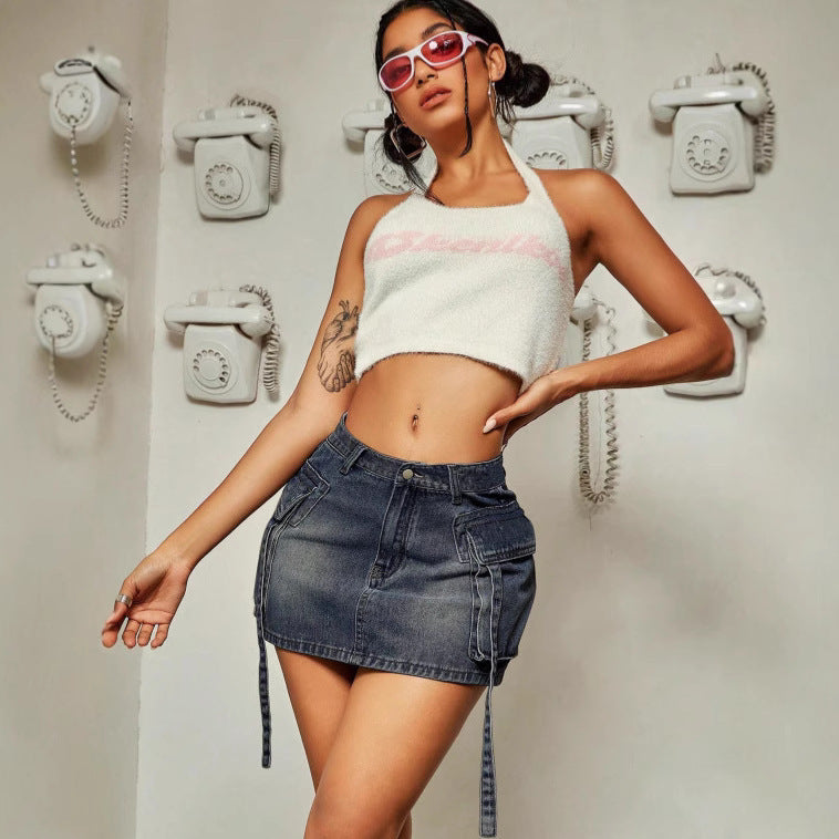 Cargo Pocket Long Tether Short Skirt Tooling Denim Skirt